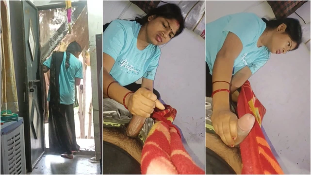 My girlfriend's mom came when my girlfriend was doing a handjob, then when my land was getting watered, her mom came to Hindi handjob.