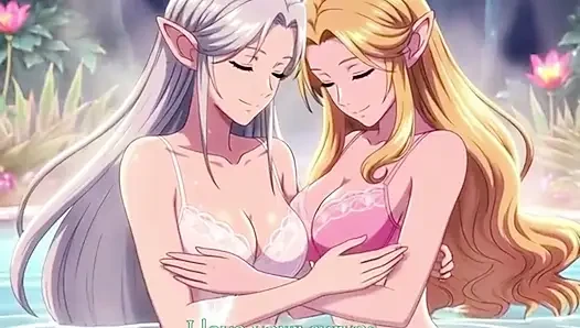 Two beautiful lesbian elves share an intimate night in a magical hot springs