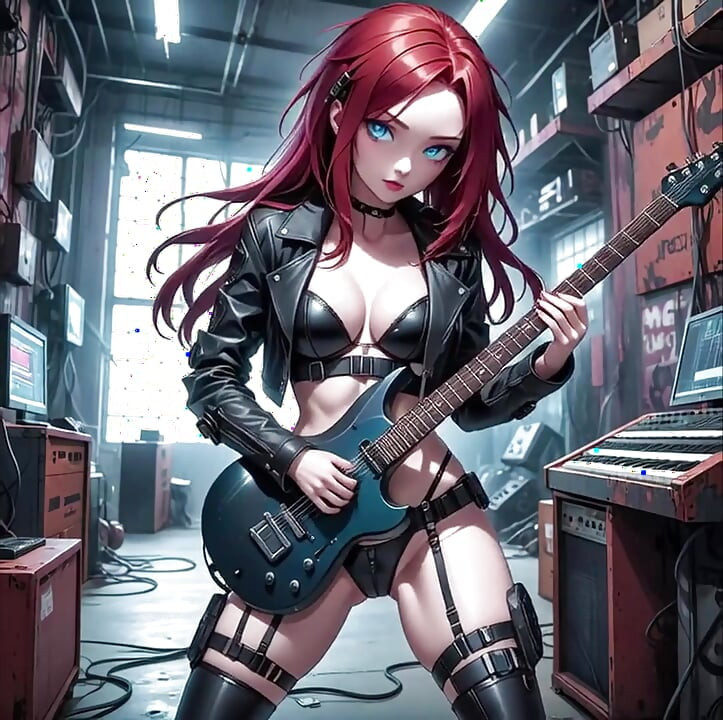 Seksi anime kızıl saçlı metal gitar ai müzik videosu çalıyor
