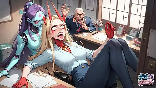 Takım elbiseli beyaz saçlı bir müdür kırmızı dildo fırtınasıyla çevrili, epik bir xxx porno sahnesi yaratıyor