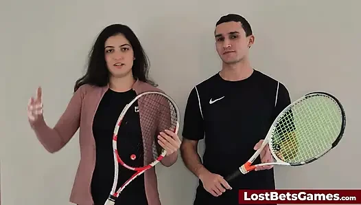 Rafaela and Igor are taking their Strip Tennis match outside