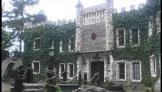 Küçük siyah elbiseli tombul erkek delisi bacaklarını arka bahçede açıyor, sonra sikişiyor