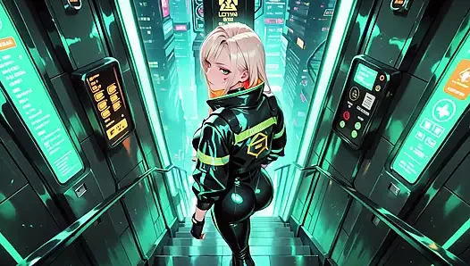 Neon Yağmur Gecesi! Islak deri çömelmiş sarışın ajan düşük, holografik parıltı ve soğuk bakışlar.