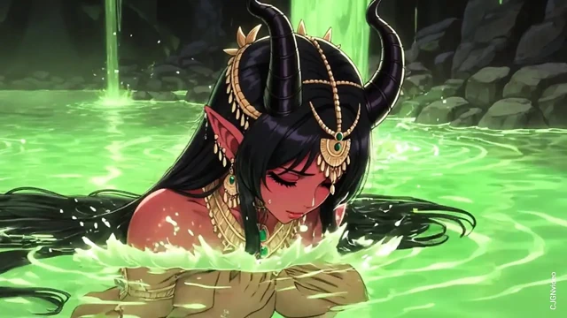 Güzel kırmızı iblis mağarada yeşil su banyosunda yatıyor derlemesi (ai animasyon)