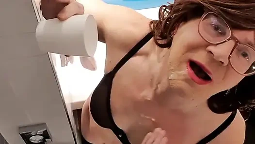 Sissy licks and drinks cum