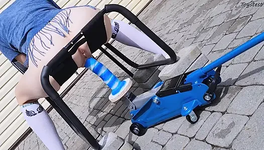 Insertion Fetishes. Car Jack Mounted Dildo Slowly Goes Into TIny Stepsister's Pussy