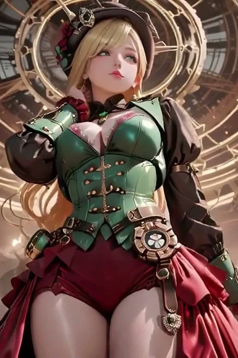 Steampunk sarışın sekreter! Dev dişlilerin ortasında tembel pozlar