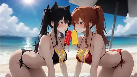 Yapay zekalı gotik güzellik kızıl saçlı güzellikle tanışıyor - plaj geçiti (buz popları yiyor)