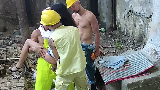 Gangbang at a construction site - a gang of men brutally fucks a sexy inspector