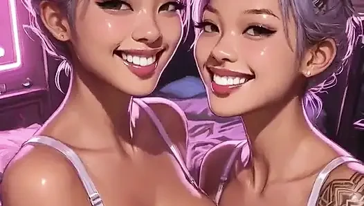 Cyberpunk lezbiyenler dil ve öpücük fetişi, ai animasyon