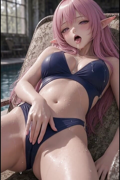 3d anime pembe tüylü mayoyla havuzda ve çevresinde mastürbasyon yapıyor
