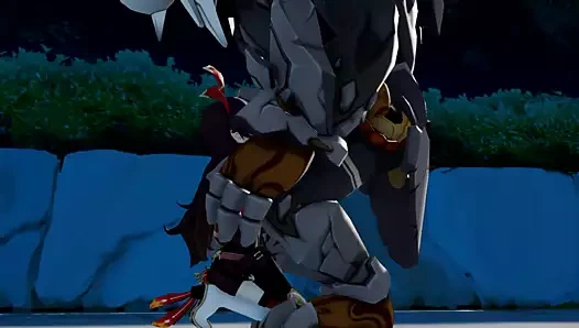 Genshin. kehribar ateşli oral seks, halka açık, gırtlağına kadar alma, büyük yarak