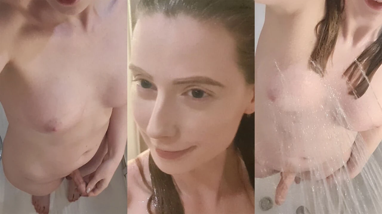 Busty TGirl Stroking in the Shower