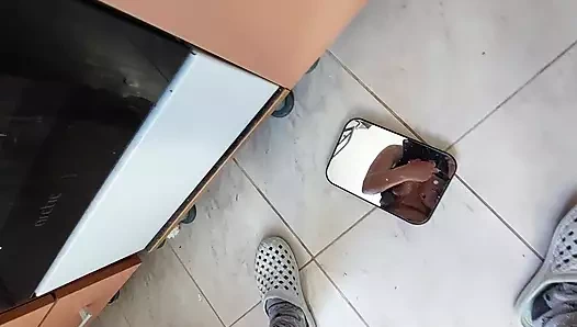 Amateur wife preparing food naked in the kitchen. Latina hairy pussy, big ass.