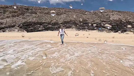 Girl Wetting Jeans in the Ocean and Swimming in Wet White T-shirt