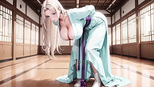 Beyaz Kimono hizmetçi! Japon koridorunda diz çöküyor, güneşin altında ıslak kalçaları ortaya çıkaran yüksek yarık.