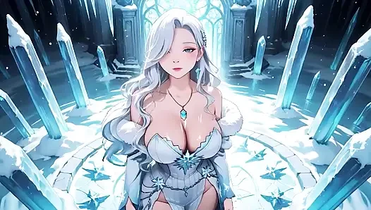 Kristal salonda gümüş saçlı buz mage! Zahmetsizce soğuğa bakarken sihir yapıyor, ama dudakları titriyor.