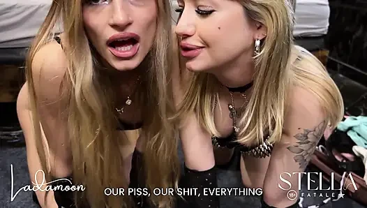 Çift sarışın kadın egemenliği bakış açısı yıkım stella fatale Fransız takma yarakla ve aşırı köle aşağılaması