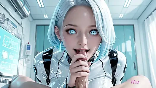 Blue hair draped android pulses while rough sex overloads her perfect core