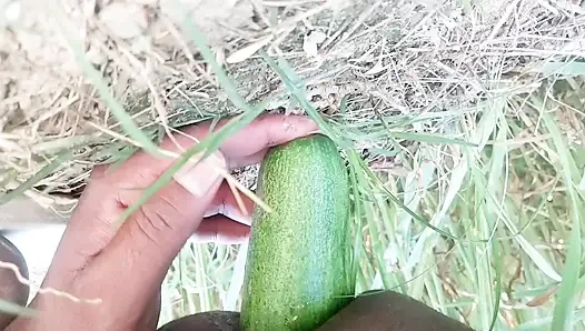 Kalın bir salatalık ile anal sikişiyor.