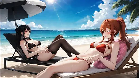 Yapay zekalı gotik güzellik kızıl saçlı güzellikle tanışıyor - plaj geçiti (buz popları yiyor)