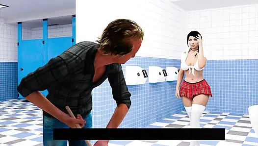 Sexy colegiala de 18 plus mostrando tetas escote y coño a chico limpiador en el baño