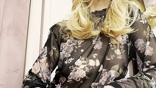 Trying my new sheer blouse in a caffe, showing my hard pierced nipples in public.