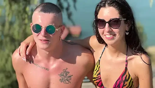 Bi threesome - a guy's powerful moans from a dick in the ass and pussy at the same time