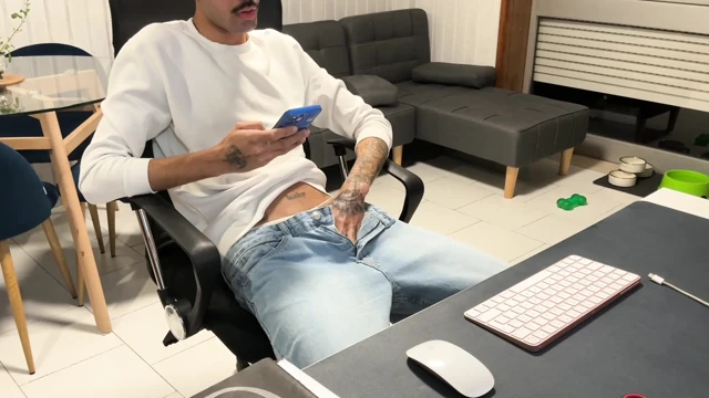 Skinny guy in jeans, pulls his dick out and jerks off on webcam.