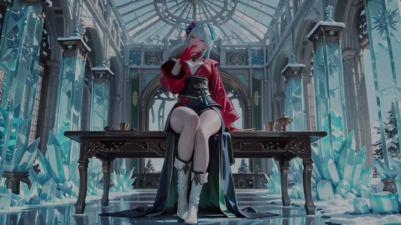 Ice Throne! Kırmızı-yeşil elbiseli gümüş saçlı mage diz çöküyor, mavi saçlı partner realm'de azdırıyor!