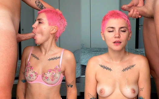 Kısa pembe saçlarını zevk için kullandım, sakso çektikten ve sert sikişten sonra üzerine boşaldım - saç fetişi