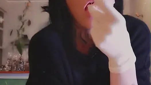 i'm hungry now eating salmon WHITE LATEX GLOVES GODDESSLOLLI