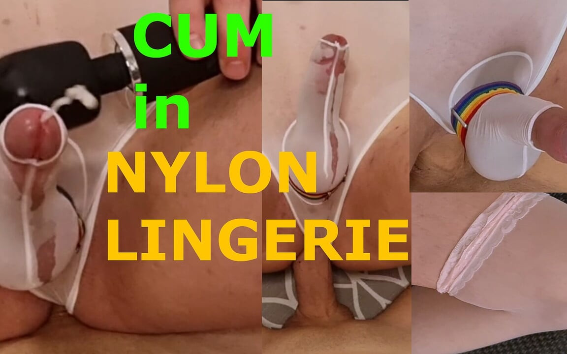 Eşcinsel travesti naylon iç çamaşırlı beyaz vibratörle boşalıyor