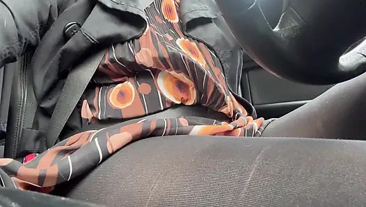 Elegant stepmom drives to the office wearing tights and a beautiful dress
