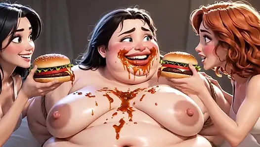 Yemekle kaplı obez çirkin köle - muhteşem sahibeler tarafından aşağılanıyor