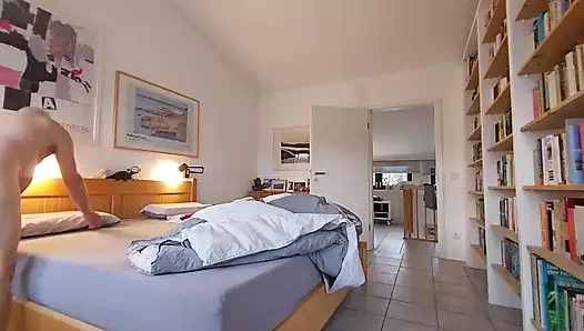 Grandpa makes the bed