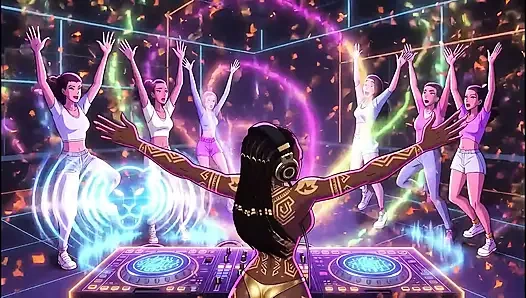 AI- DJ Girls in Private Exclusive Party - Beach Sunset + Tron Futuristic  + Tokyo Neon