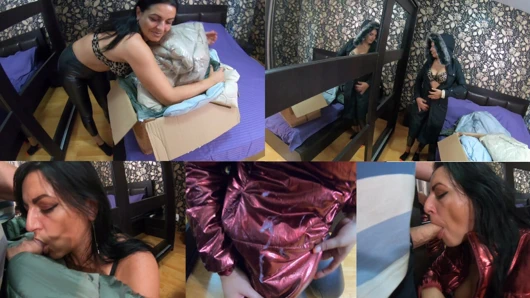 Red Shiny Downjacket Fetish - Leather Pants, Blowjob & Cum Explosion