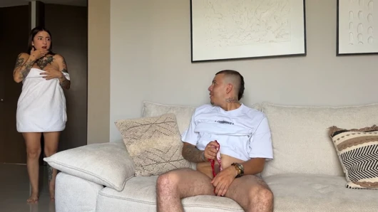 I catch my stepbrother masturbating in my panties and he ends up squirting me