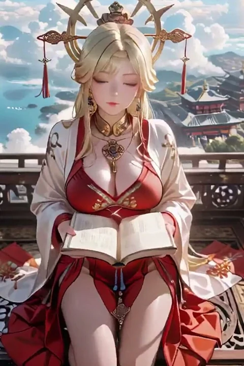 Gök tanrıçası iniyor! Kırmızı ve beyaz hanfu, altın saç, bulut dizisinde yalınayak.