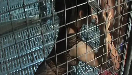 Kafese bağlı lezbiyen sürtükler dildo damlayan amcıkları sikiyor