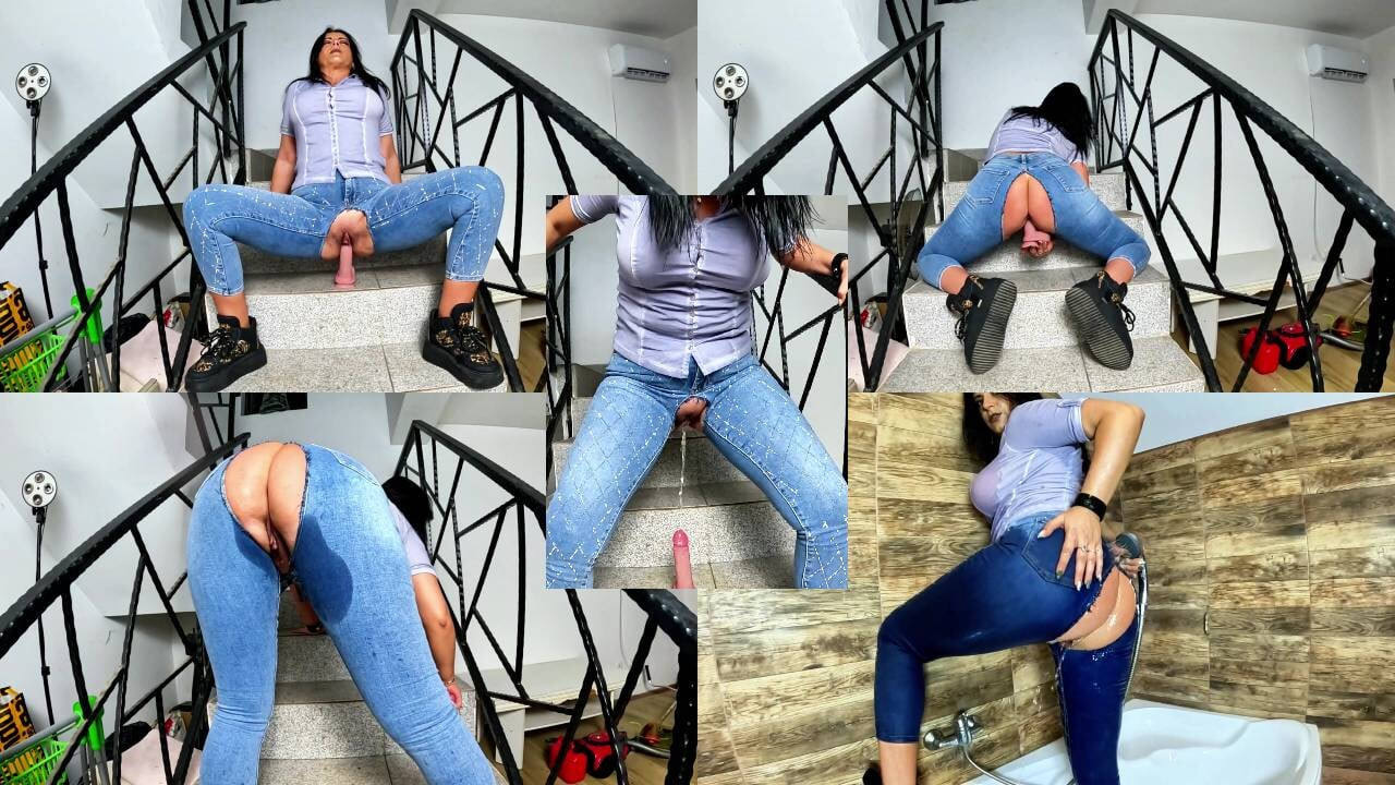 Crotchless Shiny Jeans JOI. Dildo Ride, Pee Play Soaked Denim