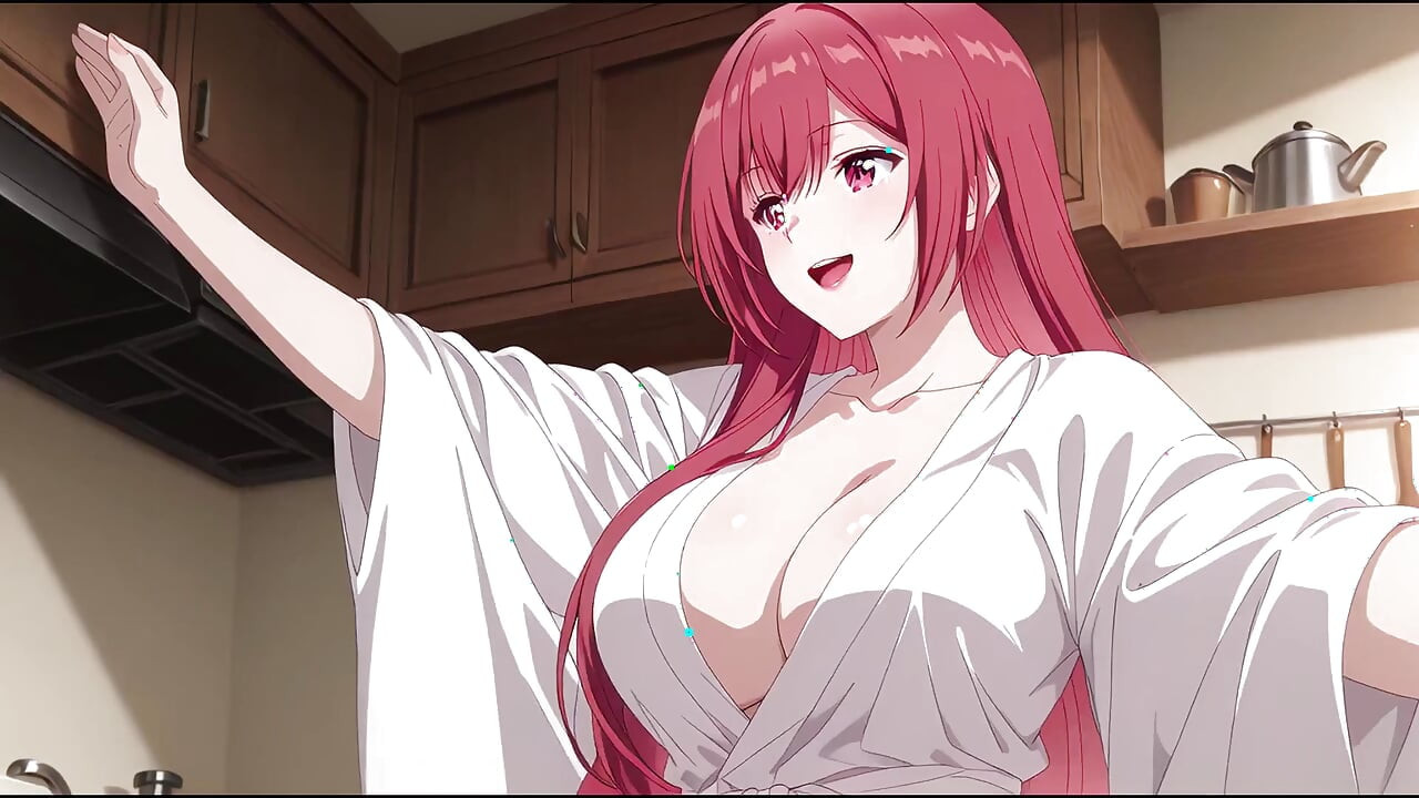 Üvey oğul eve erken geldi ve üvey babasının karısını küçük bir bornozla yemek pişirirken yakaladı. Kureha Enomoto Hentai Cosplay