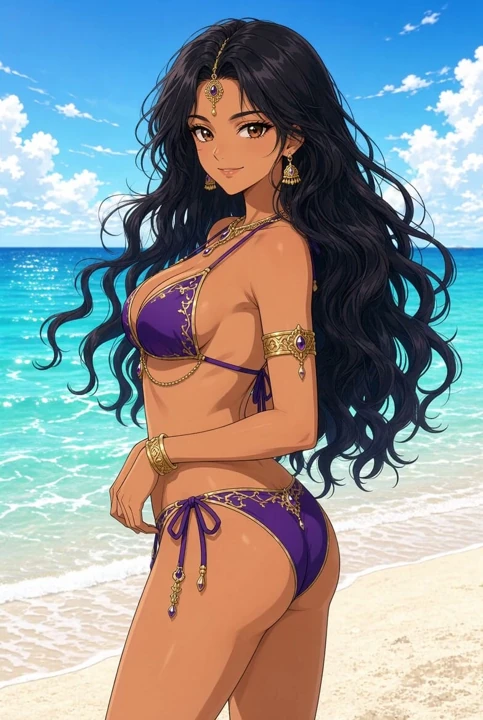 Lilavati Anime Plaj Bikini Omzunun Üzerinden Geriye Bakıyor, Saçları Dalgalanıyor