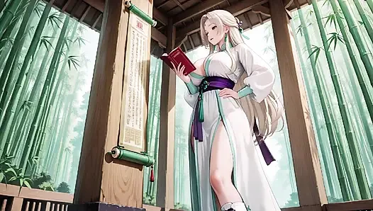 Beyaz Kimono hizmetçi! Japon koridorunda diz çöküyor, güneşin altında ıslak kalçaları ortaya çıkaran büyük yarık.