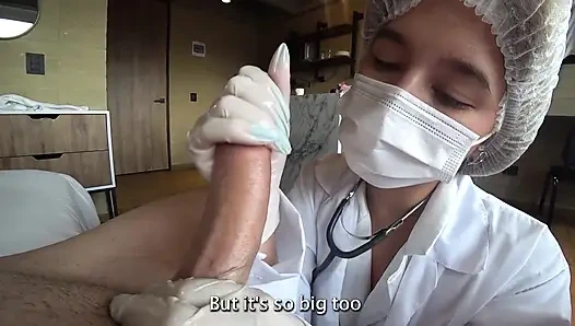 HORNY NURSE tests strength of patient's dick with sloppy deepthroat blowjob