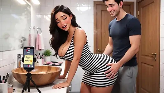 Weelderige vrouw en haar mannelijke vriend nemen hun eerste intieme video samen op alleen in de badkamer (AI gegenereerd)