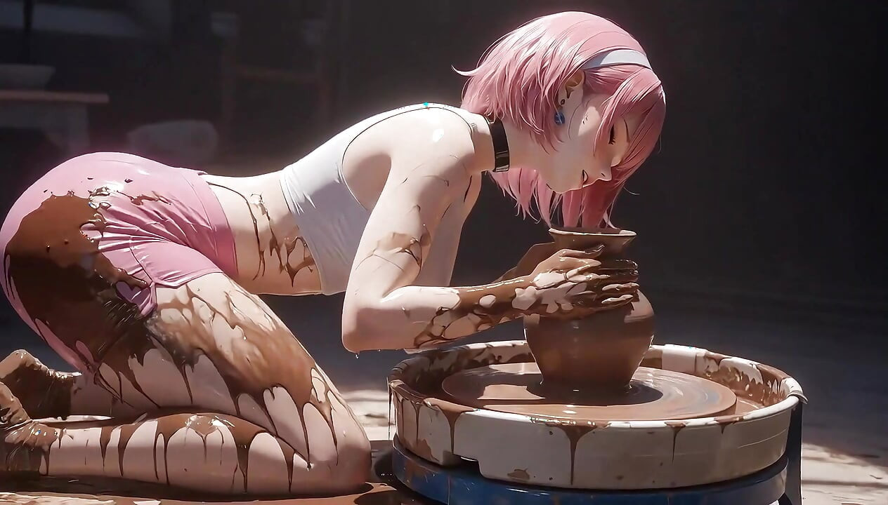 AI Pink Haired Girl Molds Clay Basin & Smears Wet All Over Her Body.
