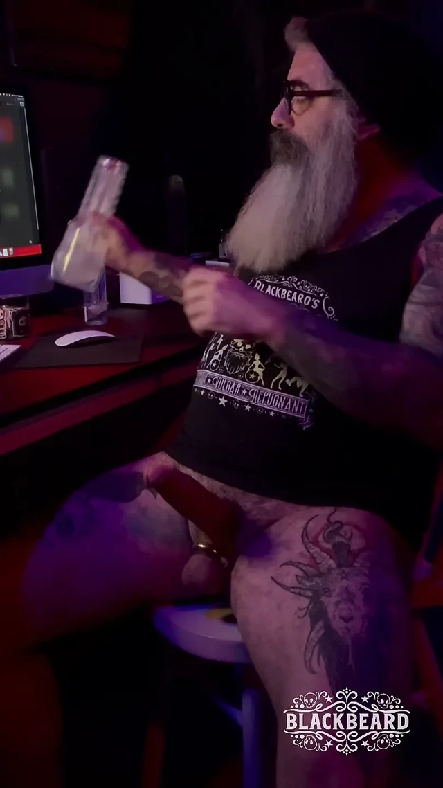 This Is Self Possession, Blackbeard strokes his thick cock, steel ball stretcher, Fleshlight, ropes of cum, shaking orgasm