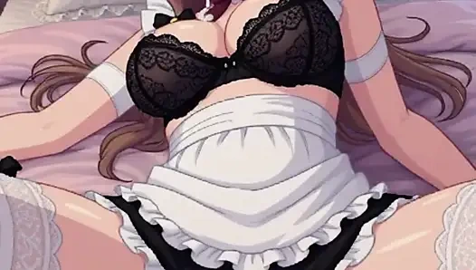 Ateşli Asyalı kostümlü hizmetçi yatakta mastürbasyon yapıyor, pixelart